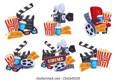 Set of elements of the film industry. Shooting and watching movies. Fun and exciting leisure. Vector illustration