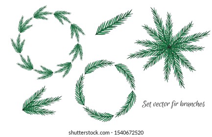 Set of elements from fir branches. Christmas. Green sprigs of pine. Winter holiday. Christmas tree. A wreath of needles. White background. Stock vector illustration.