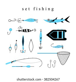 Set elements for fishing isolated on white background. Vector illustration.