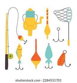 Set of elements for fishing.Collection of tackle and lures for fishing. Vector illustration. Flat style. Bright set for summer fishing.