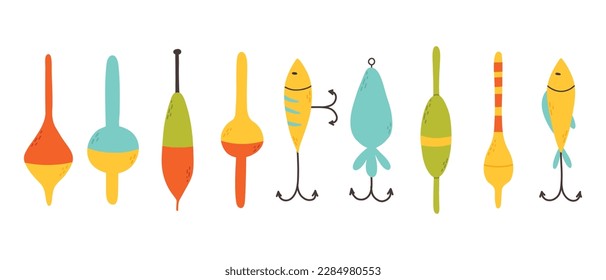 Set of elements for fishing.Collection of tackle and lures for fishing. Vector illustration. Flat style. Bright set for summer fishing.