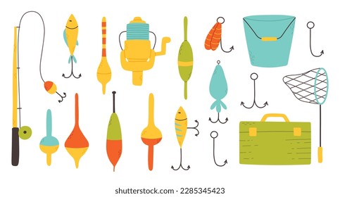 Set of elements for fishing.Collection of tackle and lures for fishing. Vector illustration. Flat style. Bright set for summer fishing.