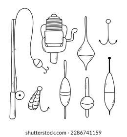 Set of elements for fishing.Collection of tackle and lures for fishing. vector illustration. Doodle style. Bright set for summer fishing.