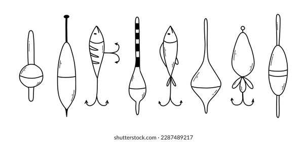 Set of elements for fishing.Collection of tackle and lures for fishing. vector illustration. Doodle style.