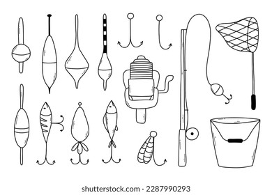 Set of elements for fishing.Collection of tackle and lures for fishing. vector illustration. Doodle style. Bright set for summer fishing.