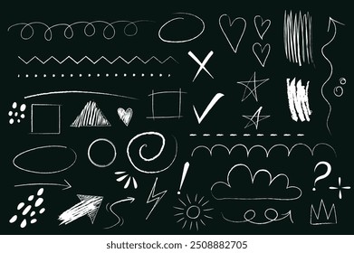 Set of elements in flat cartoon design. A collection of assorted doodles and hand-drawn shapes displayed against a dark background. These shapes include stars, arrows, hearts. Vector illustration.