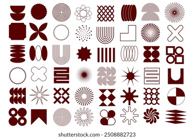 Set of elements in flat cartoon design. A diverse range of geometric shapes arranged in a grid format with intricate designs including circles lines and various artistic patterns. Vector illustration.