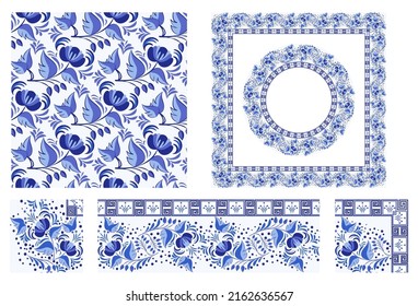 Set of elements with flowers. Blue seamless pattern in oriental asian style. Border brush with corner items. Round and square frame Cobalt painting style on ceramic Chinese motifs. Vector illustration