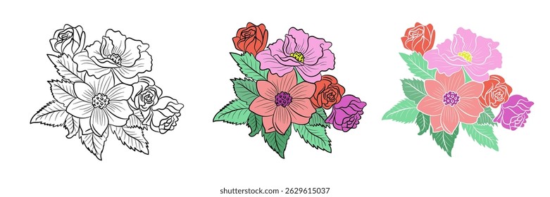 Set of elements flowers for decoration on transparent background