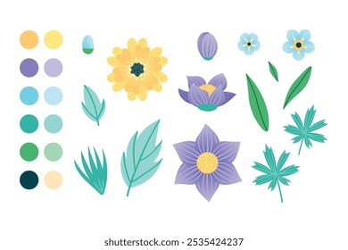 Conjunto de Elementos Flores y hojas para el diseño. Colección de Elementos de plantas sobre un fondo blanco. Delicadas flores moradas azules y amarillas. Ilustración vectorial.