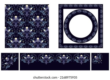 Set of elements with flowers on dark blue background. Brush corner items seamless pattern in oriental style. Round and square frame Cobalt painting style on ceramic Chinese motifs Vector illustration