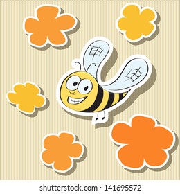 Set of elements: flower-shaped paper tags and cartoon bee. Vector illustration