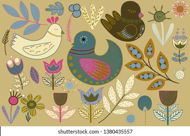 set with elements in folk style. Birds and plants, twigs