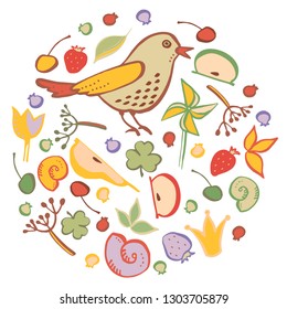 A set of elements in the form of a circle on the theme of nature. Bird, fruits, berries, twigs. Cute style.