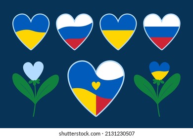 Eine Reihe von Elementen in Form von Herzen in den Farben der ukrainischen und russischen Flaggen. Das Konzept des Friedens und der Einheit der Völker. Vektorgrafik. 