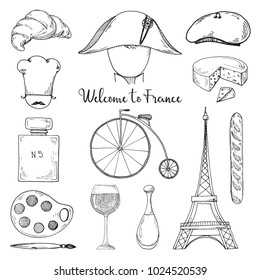 Set of elements of French culture. Welcome to France. Vector illustration in sketch style.