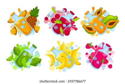 Set of elements fresh fruit juices in bottles. Ripe delicious fruits, vector illustration. Raw materials for the production of juice and detox, cartoon. Ingredients for a fresh vitamin drink.