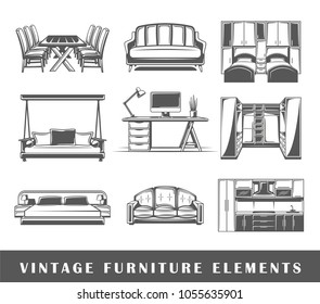 Set of elements of the furniture isolated on white background. Symbols for furniture design logos and emblems. Vector illustration
