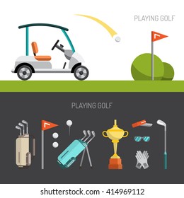 Set of elements for the game of Golf is painted in flat style. Putter for Golf. Vector golf icons. Flat vector golf set app. Golf stuff set isolated. Vector golf bag, golf car, golf course, golf ball