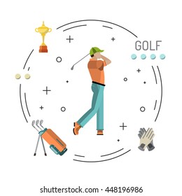 Set of elements for the game of Golf is painted in flat style. Putter for Golf. Vector image of man playing Golf.Courses for the game of Golf.
