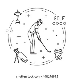 Set of elements for the game of Golf is painted in flat style. Putter for Golf. Vector image of man playing Golf.Courses for the game of Golf.