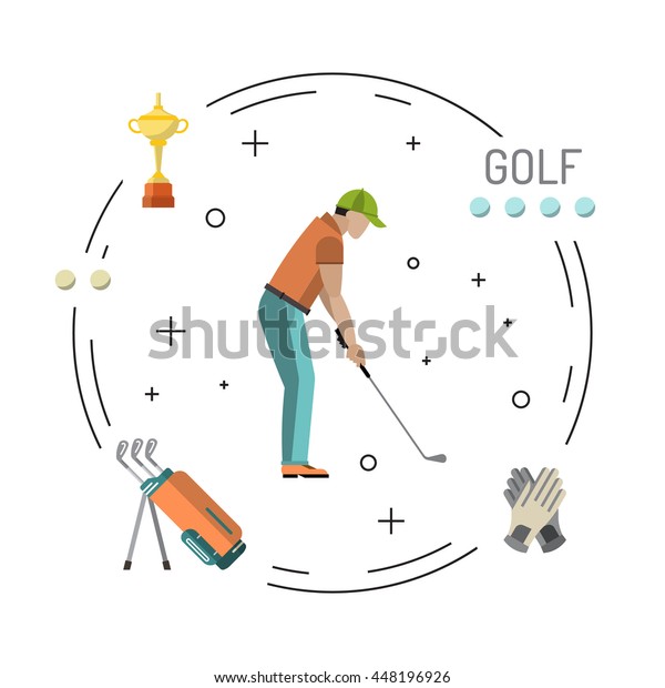 Set of elements for the game of Golf is painted in
flat style. Putter for Golf. Vector image of man playing
Golf.Courses for the game of
Golf.