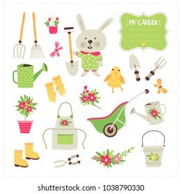 Set with elements for gardening and rabbit. Cartoon style. Can be used for scrapbook, postcards, print and etc.