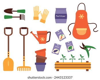 Set of elements of gardening tools shovel, rake, plants and seeds. Gardening concept. Vector design elements for print, packaging or stickers.