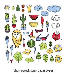 set of elements. glasses owl boat cactus watermelon clouds fish stylized flowers 3d crown leaves arrow cat.Stylized summer set.Vector stock illustration hand-drawn on a white isolated background.