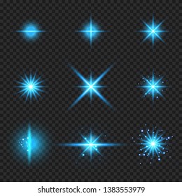 Set of elements glowing blue light burst rays,, stars bursts with sparkles isolated on transparent background. Vector illustration