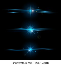 Set of elements glowing blue light effects collection isolated on black background. Optical flare objects. Vector illustration