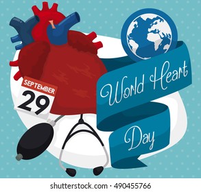 Set of elements for good heart health: stethoscope, sphygmomanometer, loose-leaf calendar, globe, ribbons and human heart commemorating World Heart Day in September 29.
