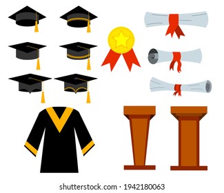 a set of elements for graduation. graduate hat, scroll, mantle, speaker s pedestal, round badge with ribbon. vector isolated on a white background