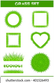 Set of elements of grass, green frame on a white background