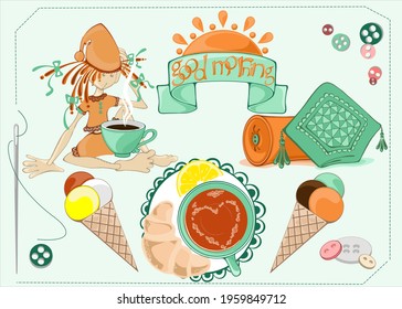 a set of elements for greetings, menus, and scrapbooking. the tape contains a greeting in English, "good morning". there are elements of sewing and eating
