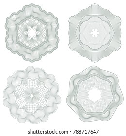 Set of elements of guilloche. Templates for the press. Circular ornament. Rosette. A vector illustration for paperwork.