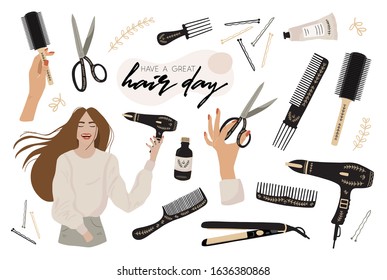 A set of elements for hairdressing, hair cut, hair colouring. Different styling professional beauty tools and products on white background. Vector illustration.