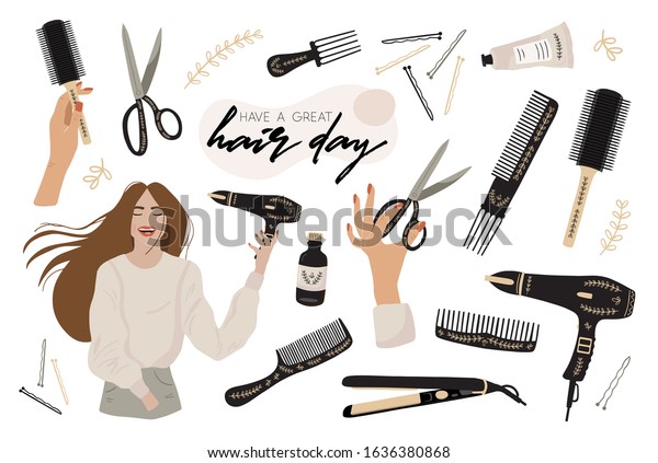 A set of elements for hairdressing, hair cut, hair coloring. Different styling professional beauty tools and products on white background. Vector illustration. Barbershop Mural Wallpaper. 