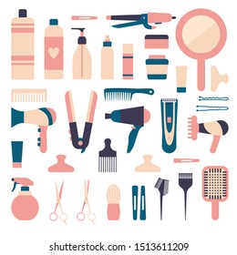 A set of elements for hairdressing salon. Different tools and hair products on white background. Vector illustrations 