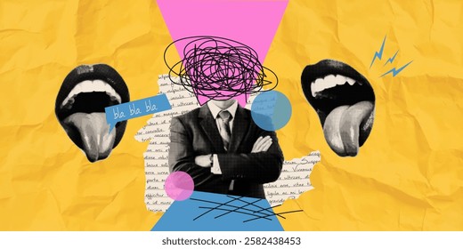Set of elements halftone man, mouth, torn paper for creating a collage. Vector template of depression, mental health, thoughts, and work.