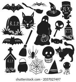 Set of elements for Halloween. A collection of black silhouettes of mystical creatures. Vector illustration of monsters and witches, Vector Illustration.
