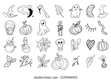 Set with elements for halloween in doodle style on the background