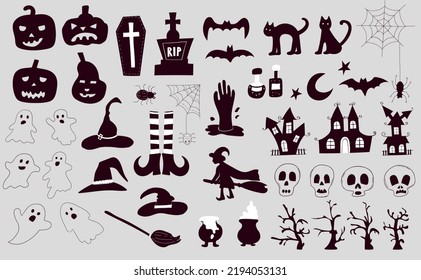 Set of elements for Halloween holiday in black and white. For greeting cards , party invitations, tags, stickers. Vector hand drawn