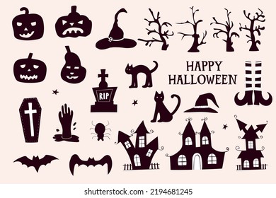 Set of elements for Halloween holiday in black and white. For greeting cards , party invitations, tags, stickers. Vector hand drawn