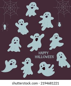 Set of elements for Halloween holiday with cute ghosts. For greeting cards, party invitations, tags, stickers. Vector hand drawn