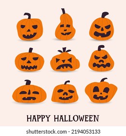 Set of elements for the Halloween holiday with pumpkins. For greeting cards, party invitations, tags, stickers. Vector hand drawn