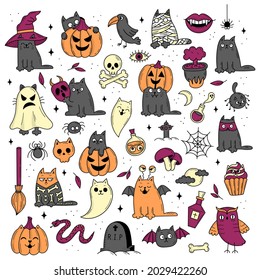 Set of elements for Halloween. Mystical scary objects. Cats, pumpkins, ghosts, potion. Doodle style illustration