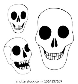 Set with elements for Halloween on a white background. Funny skulls in different angles. Doodle style. Black and white illustration. Manual graphics.