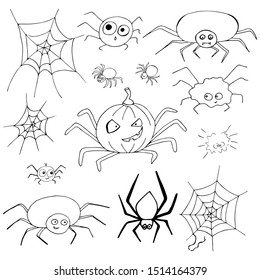 Set with elements for Halloween on a white background. Funny cartoon spiders and cobwebs. Doodle style. Black and white illustration. Hand drawing.