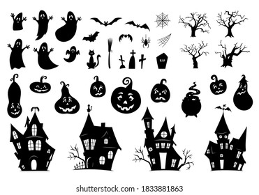 
Set of elements for Halloween on a white background. Collection of black silhouettes. Ghosts, haunted houses, withered trees, pumpkins, bats and cat, magic pot, cemetery. Vector illustration. Tattoo